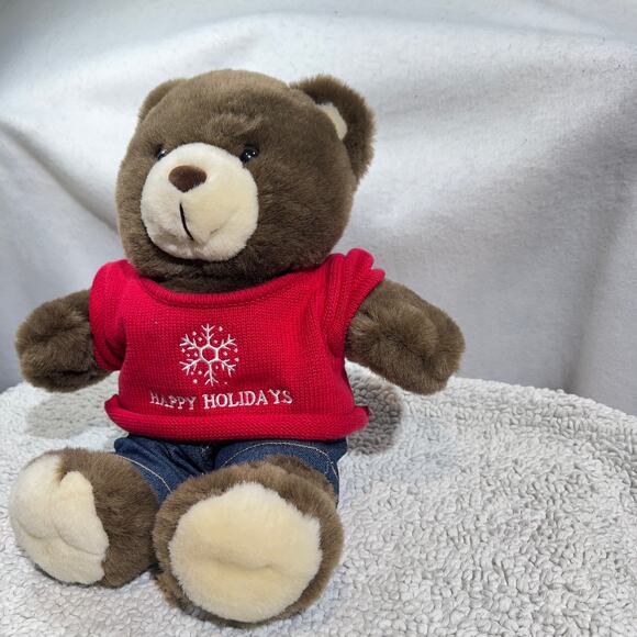 Lee Dungarees Jeans Happy Holidays Teddy Bear 12" x 10" Red Sweater Plush Soft - Picture 4 of 13